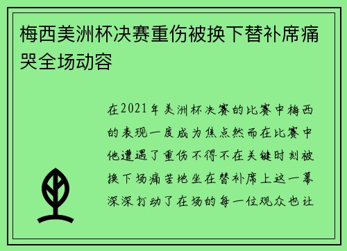 梅西美洲杯决赛重伤被换下替补席痛哭全场动容 梅西美洲杯决赛重伤被换下替补席痛哭全场动容